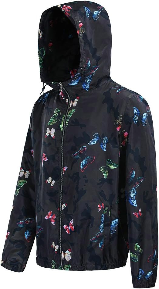 Men's Butterfly Printed Camouflage Hoodie Zip Up Lightweight Windbreaker Jackets