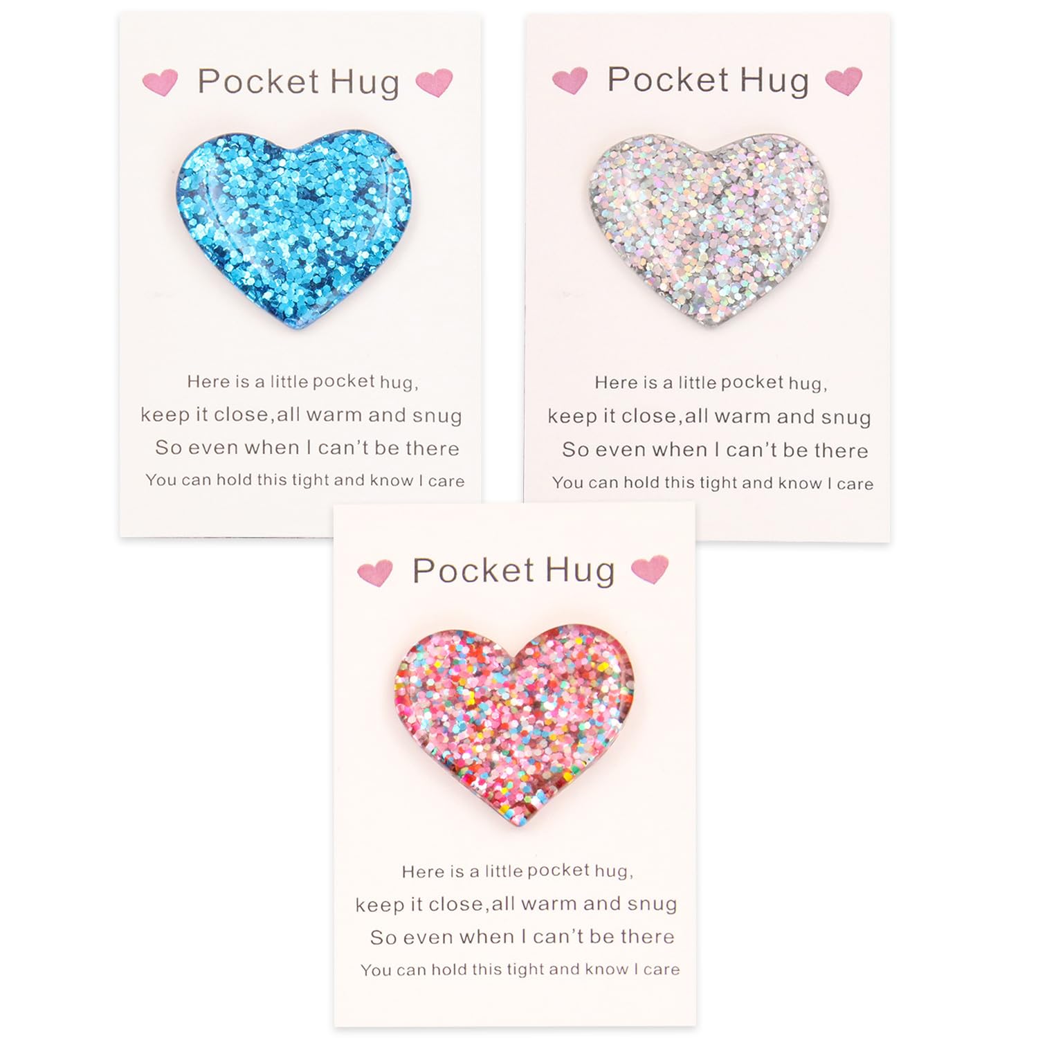 ELNX 3 Pcs Pocket Hugs | Heart Pocket Hug Gift for Friends Children Back to School Gifts Girls Positive Good Luck for Birthday Christmas Valentines Day Birthday(White, Blue, Colorful)