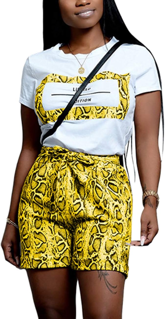 Women's Casual 2 Piece Shorts Outfits, Snakeskin Print TShirts Tops Short