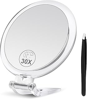 30X Magnifying Mirror, Magnifying Mirror with Stand and Tweezers, Handheld Mirror with 30X/1X Magnification, Compact Mirror for Traveling, 30X Makeup Mirror for Pluck Eyebrows