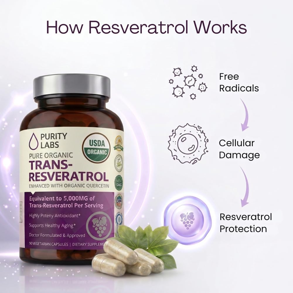 Purity Labs Trans-Resveratrol Supplement 5,000 mg Equivalent per Serving with Quercetin, USDA Organic High Potency Antioxidant, Vegan Capsules, 90 Count — Amazon image 2