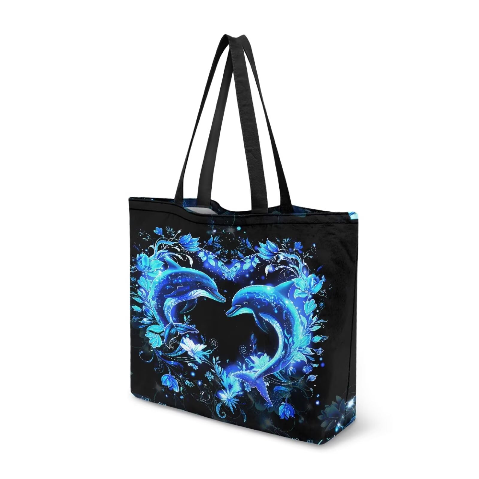 Dngkaoje Neon Blue Dolphin Print Canvas Tote Bags for Women Girls Cute Shoulder Handbags for School,Animals Dolphin Foldable Heavy Duty Shopping Tote Bags Women Canvas Handbag for Work — image 1