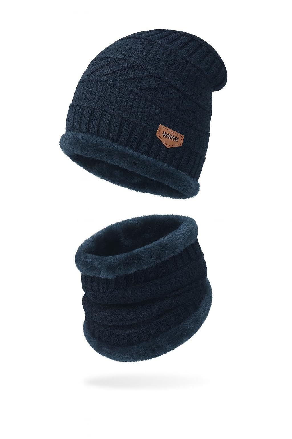 Sparlune Winter Knit Beanie Cap and Neck Warmer Set with Fleece Lining, Brown and Black, 2 Piece Thermal Hat Scarf Combo for Men and Women