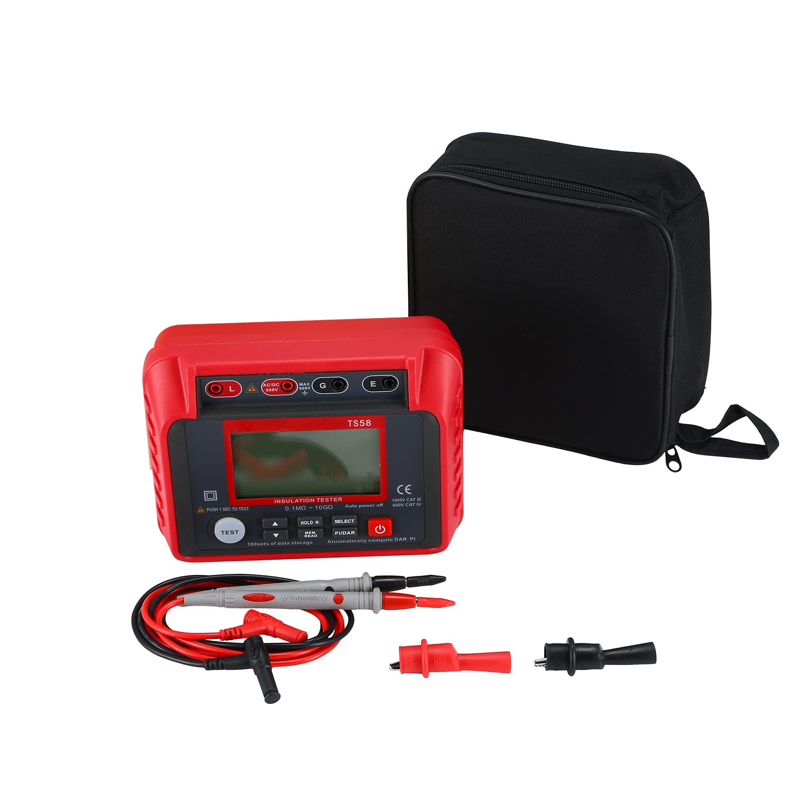 Domary Tester Rezystancji Izolacji Megaomomierz 0,1 MΩ-10 GΩ z Podświetlanym Wyświetlaczem LCD 2000 zliczeń Napięcie Prądu Stałego AC 10–600 V Indeks DAR PI do Konserwacji Sprzętu
