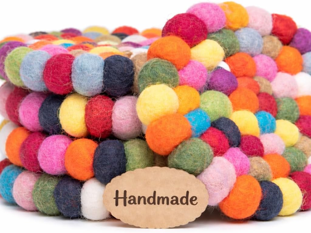 Round Felt Ball Coasters - 100% Merino Wool Table Coasters - Felt Coaster Pads, Absorbent Trivet for Drinks - Heat Resistant, Thick & Durable Hand Felted - Woolygon - Multicolor Set of 5 (Rainbow) thumbnail