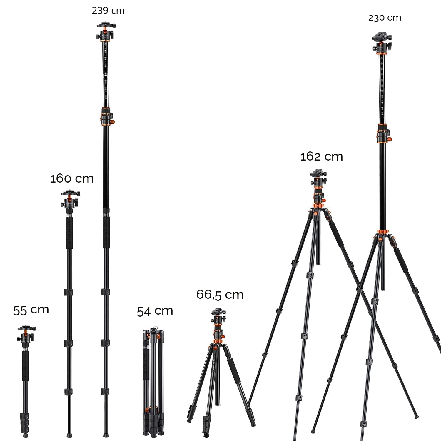 K&F CONCEPT Trépied Appareil Photo, 230CM Trépied Vidéo avec Bras Extension, Trepied Monopode Professionnel en Aluminium, Reflex Pied Caméra 360° Tête Ball et Plaque de Dégagement pour Canon DSLR