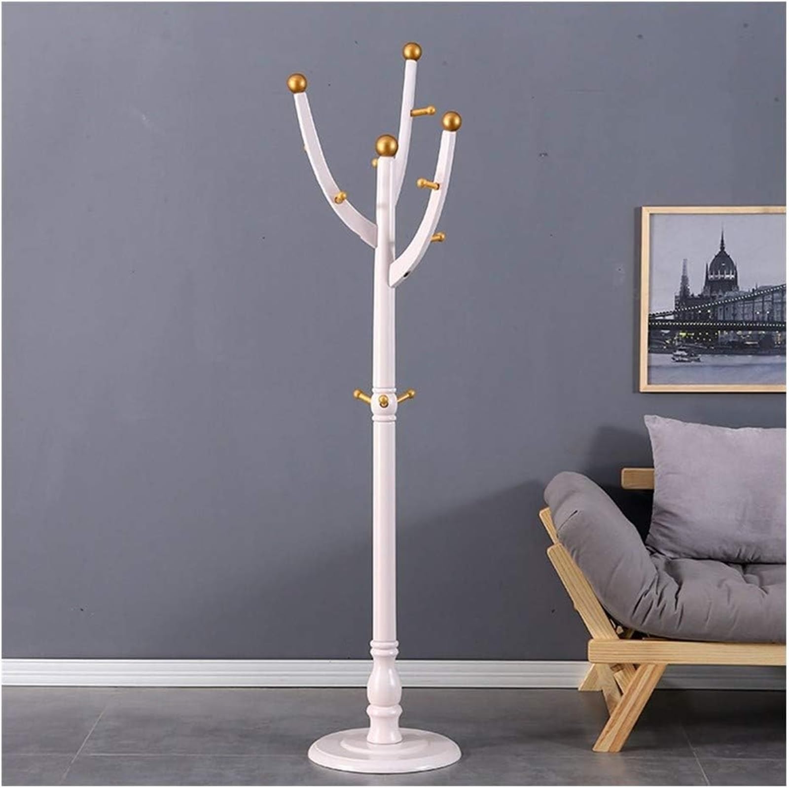 KIJyfgTR Coat Rack Solid Wood Coat Rack Clothes Tree Hat Hanger Hat Rack Coat Racks Stand For Coats Hats Scarves Clothes Bags(White Gold)