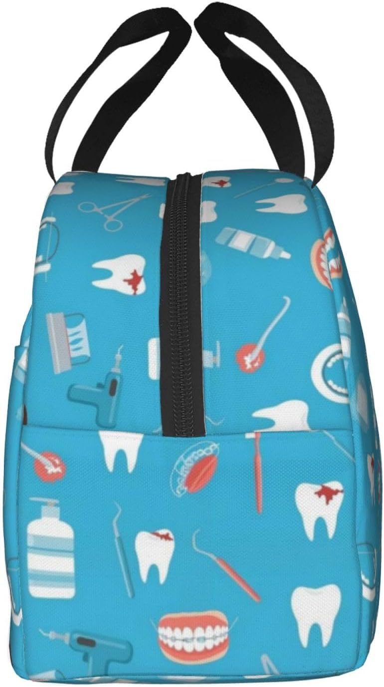 Insulated Lunch Bag For Women Men Lunch Tote Bag Reusable Adult Teeth Dental Seamless Pattern Blue Lunch Box For Work, Picnic