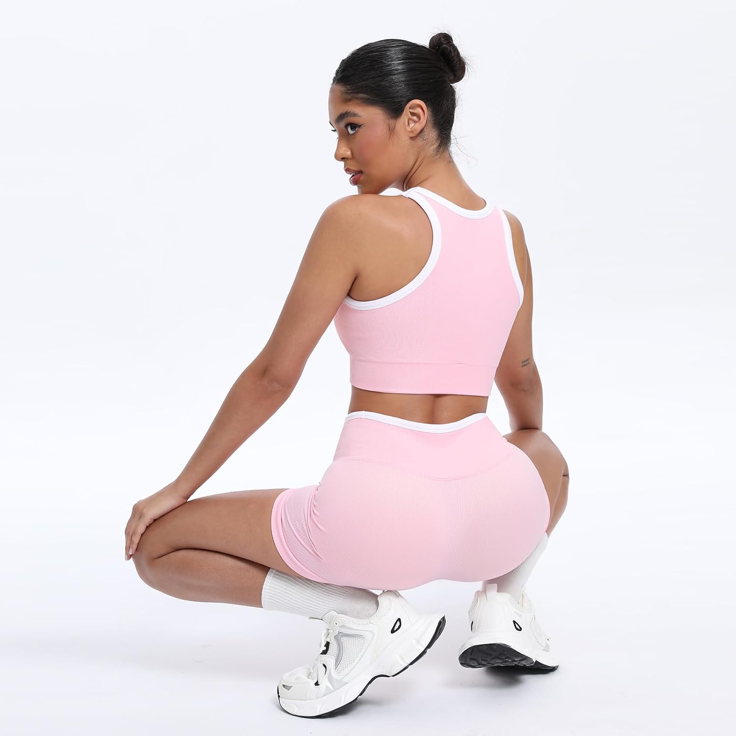 2 Piece Workout Sets for Women Seamless Ribbed Padded Sport Bra High Waisted Yoga Shorts Matching Gym Outfits - Image 5