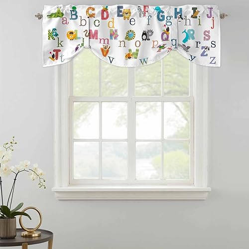 Miniatura 9 de Cortinas opacas con diseño del alfabeto de animales lindos para niños, cenefa de amarre para ventanas de cocina, decoración de ventana con estampado