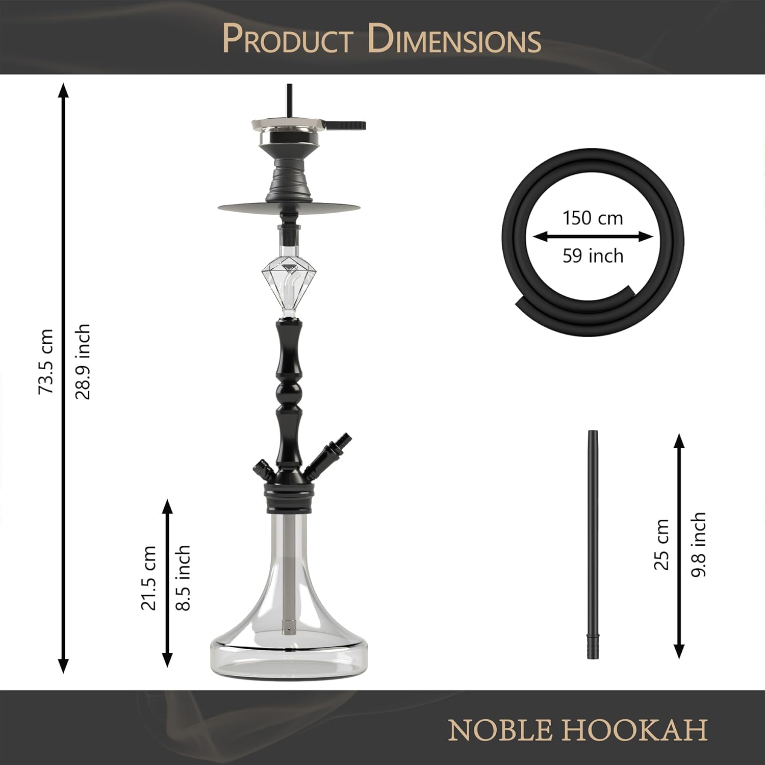 NOBLE HOOKAH 28.9" Hookah 1 Hose Set with Everything, Medium Size Set Made of Aluminium with Glass Base， Molasses Catcher, Ceramic Bowl, Tongs, Black