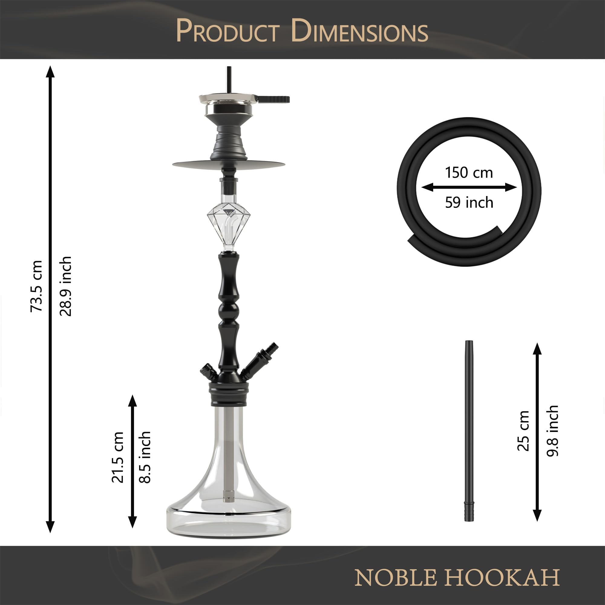 NOBLE HOOKAH XL Set de Shisha con 1 conexión y accesorios completos para Cachimba: Cabezal de Shisha, Elegante jarrón de vidrio, Recipiente para recoger melaza, 1 manguera y asa (Negro)