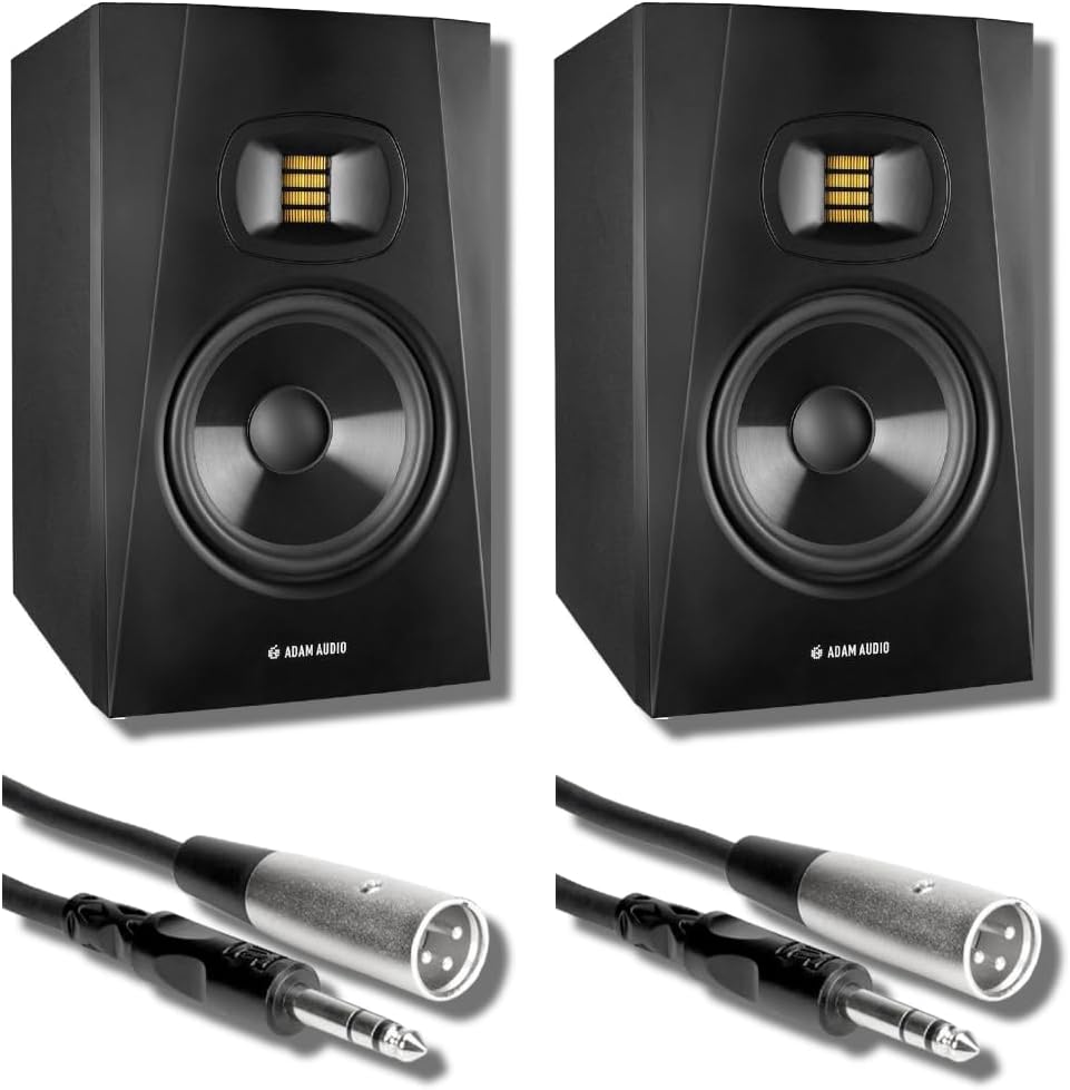 Adam Audio T7V 7-Inch Active Studio Monitor Pair Bundle with 2 Hosa STX-105M Balanced TRS to XLR Cables — 70W Bi-Amped 39 Hz Nearfield Reference Monitors for Mixing, Music Production, Home Studio