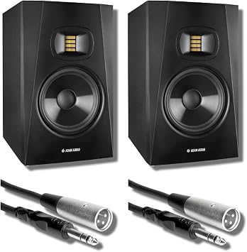 Adam Audio T7V 7-Inch Active Studio Monitor Pair Bundle with 2 Hosa STX-105M Balanced TRS to XLR Cables 70W Bi-Amped 39 Hz Nearfield Reference Monitors for Mixing, Music Production, Home Studio