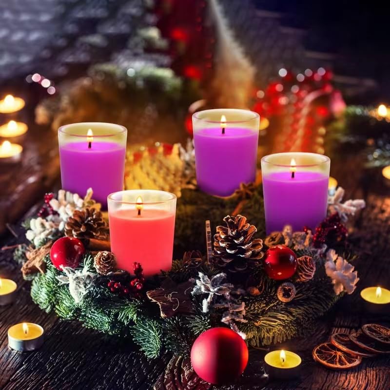Image of Purple and Pink Christmas Advent Votive Candles in Glass, Unscented 15 Hour Soy Wax Love, Hope, Peace and Joy Candles for Christmas Wedding Table Home Spa Holidays Party, 4 Packs