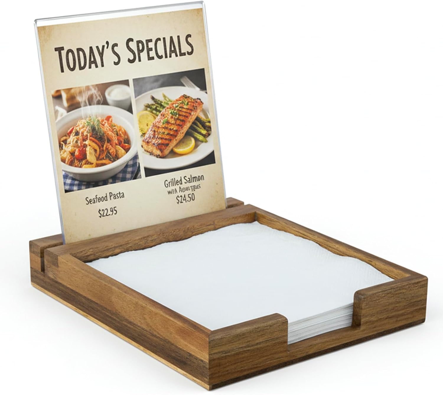 MyGift Premium Acacia Wood Square Tabletop Napkin Holder with A6 Clear Acrylic Menu Sign Holder, Dispenser Rack for Kitchen, Dining Tables, and Countertops