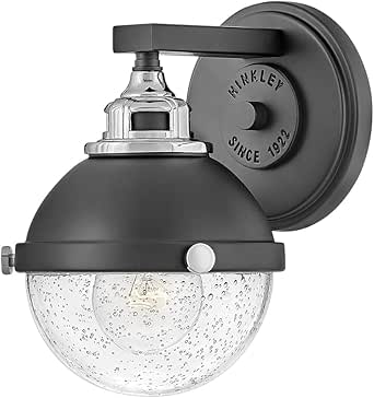 Hinkley Fletcher Single Light Vanity Wall Sconce, Vintage Industrial Fixture, Clear Seedy Glass, Bath and Beyond, Black and Chrome