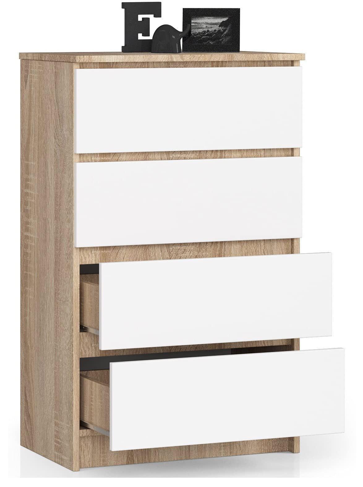 AKORD Kommode K60 60 cm | 4 Schubladen | Schrank | für das Wohnzimmer | für das Schlafzimmer | B60 x H99 x T40 cm | Gewicht 29,80 kg | Sonoma Eiche/Weiß