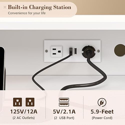 Miniatura 5 de Mesa de tocador con espejo LED y estantes organizadores de maquillaje giratorios 360, tocador de maquillaje blanco con luces y estación de carga,