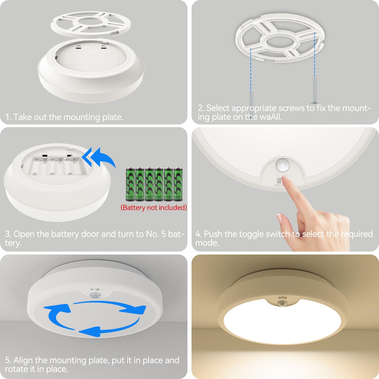 Peasur Plafonnier LED Detecteur de Mouvement a Pile,Luminaire Plafonnier Sans Fil ø18cm 300LM Lustre Chambre 3000K Blanc Froid Éclairage de Plafond Salle de Bain LED pour Garage Cuisine Balcon