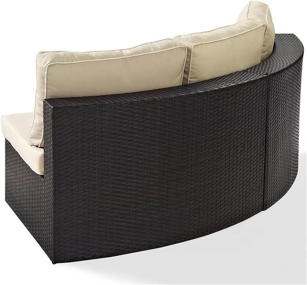 Pemberly Row Wicker Patio Round Sectional Sofa, 83 in x 32 in x 30.5 in, Steel Frame with UV-Resistant Brown Finish and Sand Cushions, Modular Outdoor Seating for Backyard or Patio Use