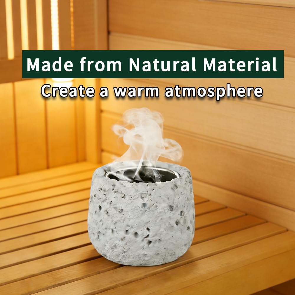 Sauna Aromatherapie Steinbecher mit 2 Dampfhüten, runder Ölhalter Aroma Duft ätherisches Öl Sauna Zubehör mit Edelstahlschale für Spa