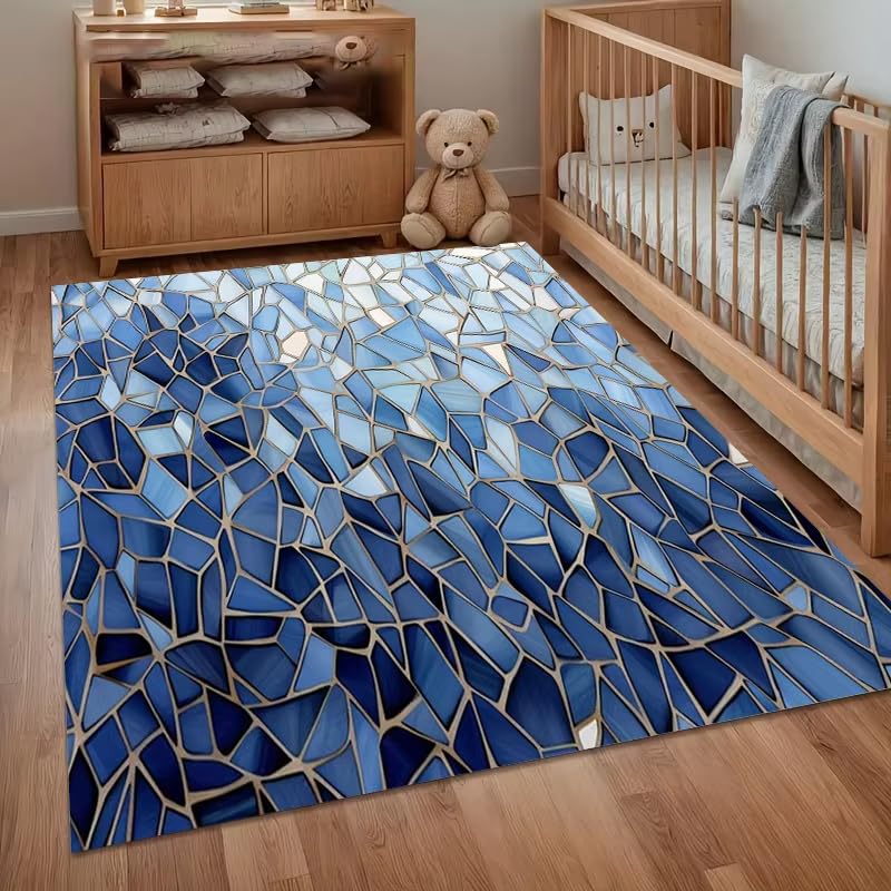 Tapis mosaïque bleu 70x120 cm lavable et antidérapant pour salon