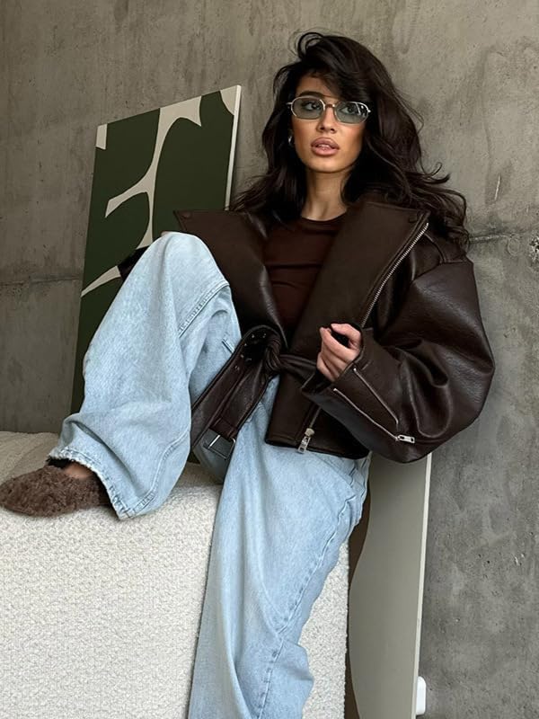 Mandonce Leather Jacket Zip up Oversized Motorcycle Cropped Jacket with Belt Y2K Streetwear Fall Winter Coats for Women 2026 - Image 3