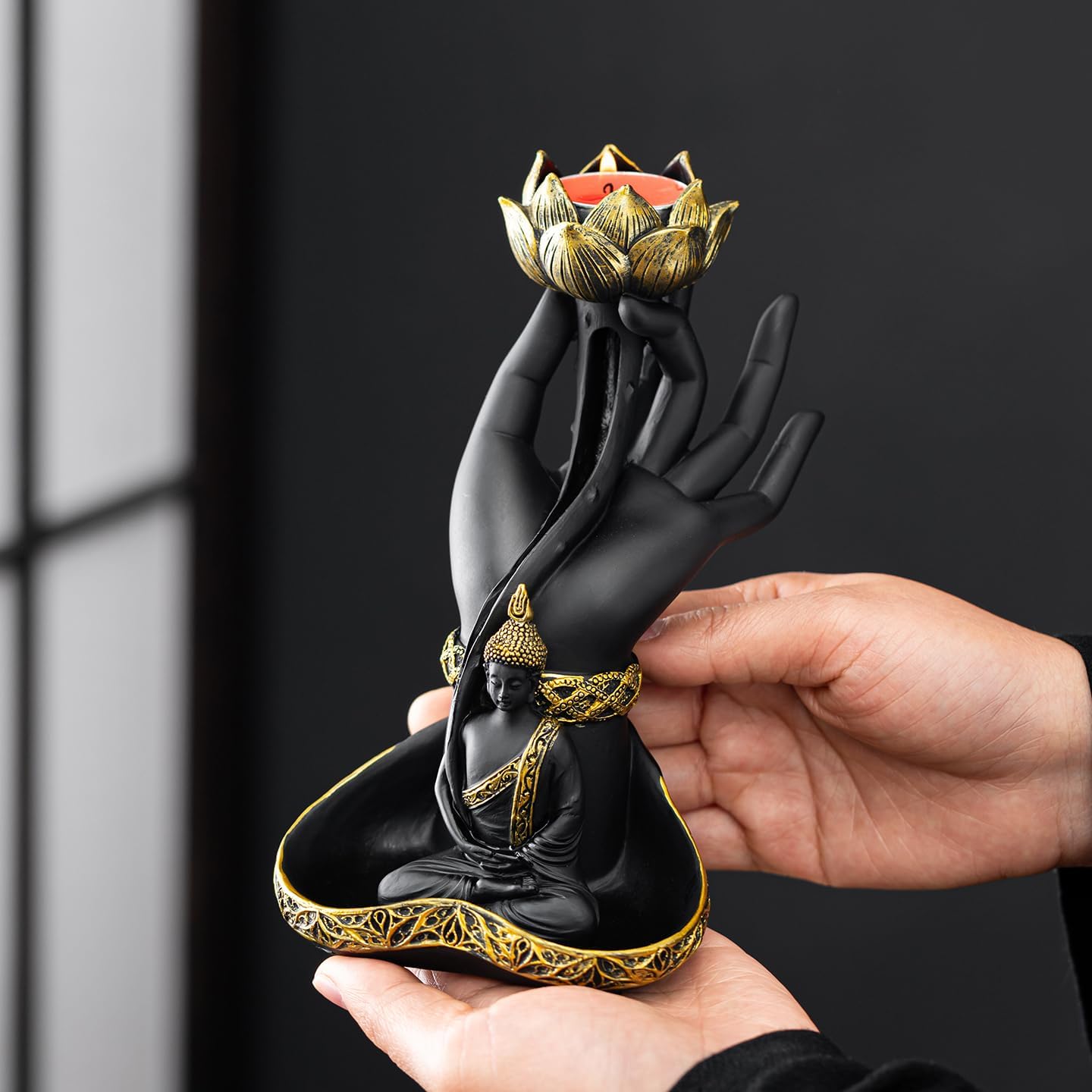 7.9 inch Resin Buddha Hand Backflow Incense Burner with Lotus | Waterfall Incense Holder, For Aromatherapy & Meditation, Home Decor & Yoga Room, Gift for Spiritual & Relaxation Lovers