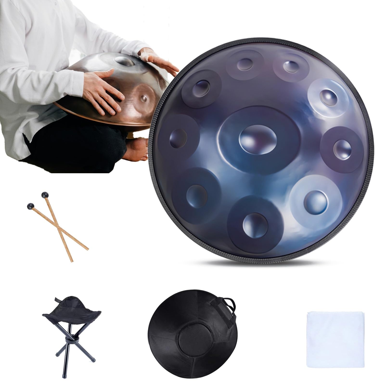 Handpan Drums De 432Hz/440Hz, Steel Tongue Drum De 9/10/ 12 Notes, Instrument Drum Pour Débutants Et Professionnels, Hand Pan Drum De 55cm Avec Tous Les Accessoires (Size : 432Hz, Color : BLUE_10 N