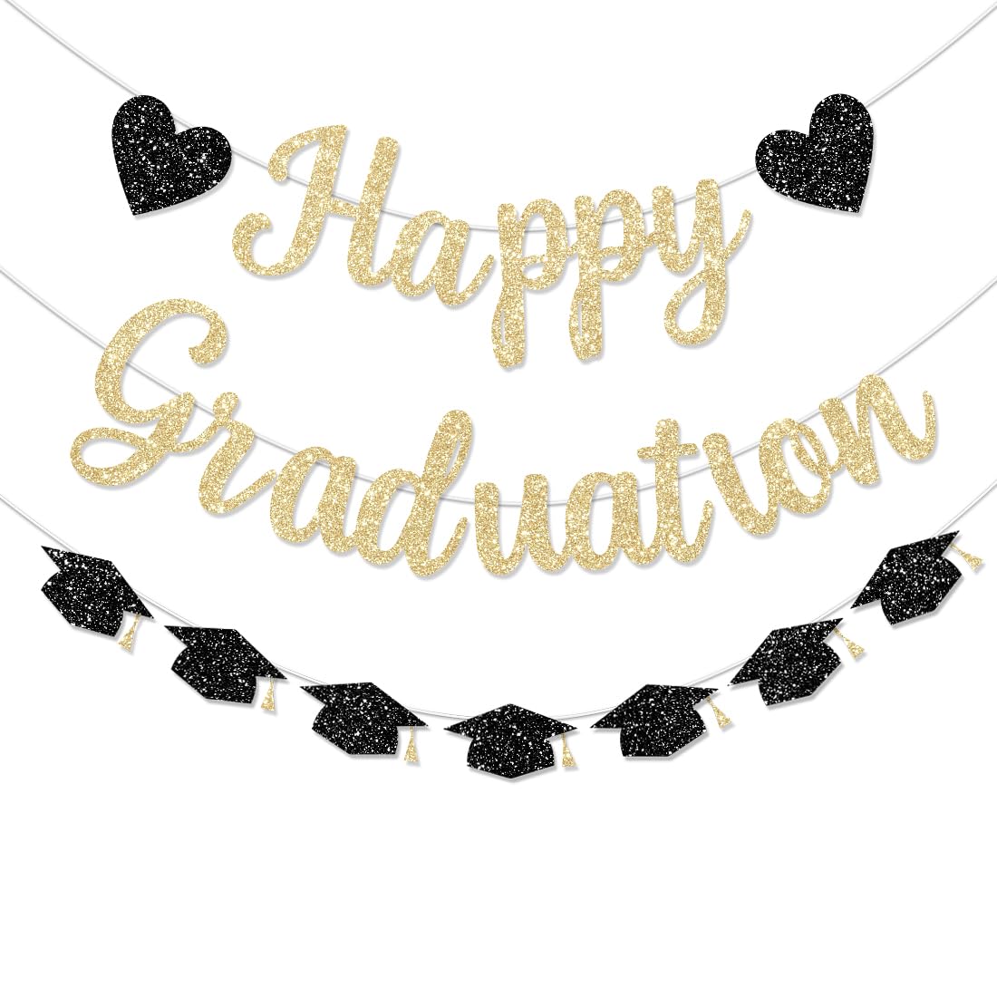 FHGG Pre Strung Graduation Decorations Class of 2026 Banner Gold Glitter College Party Congrats Grad with Tassel Decor High Favors NO DIY for Supplies