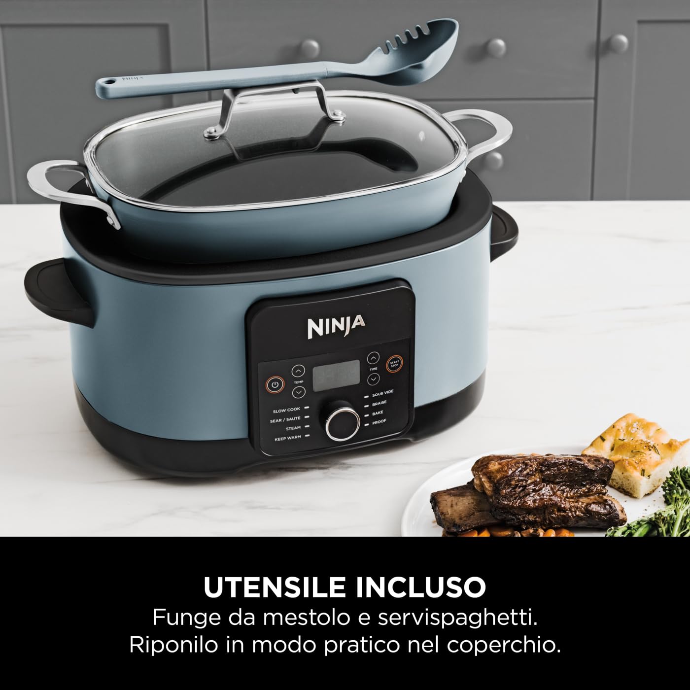Ninja Foodi PossibleCooker 8L, Slow cooker e multicooker digitale 8 in 1 con casseruola antiaderente, griglia per cottura al vapore, coperchio in vetro e mestolo, grigio sale, MC1001EU