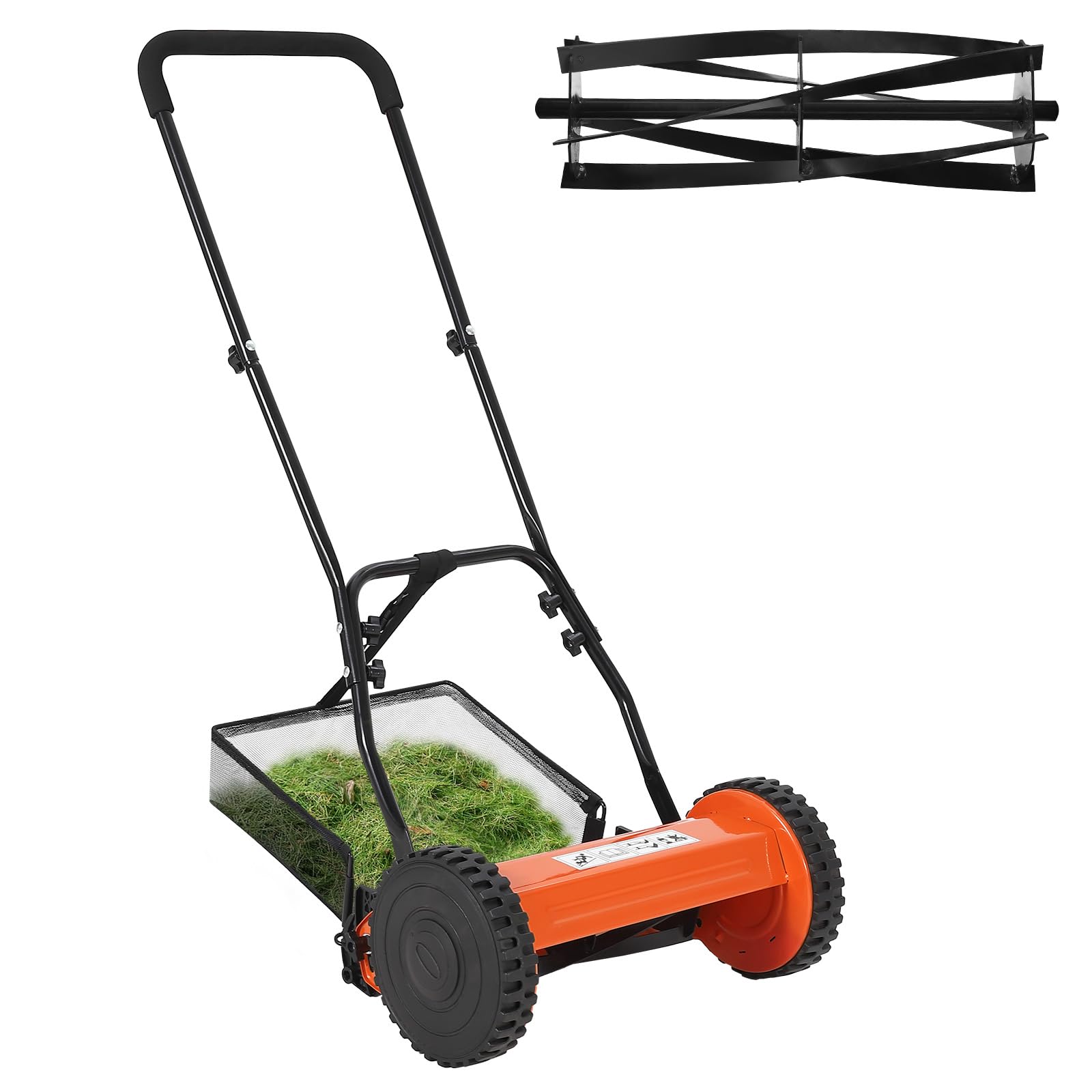 Garvee Cortacésped Manual de Acero al Carbono con Ancho de Corte de 35 cm, Altura Ajustable y Recogedor, Segadora Helicoidal Silenciosa para Jardines Pequeños y Medianos, Naranja, Durabilidad Superior