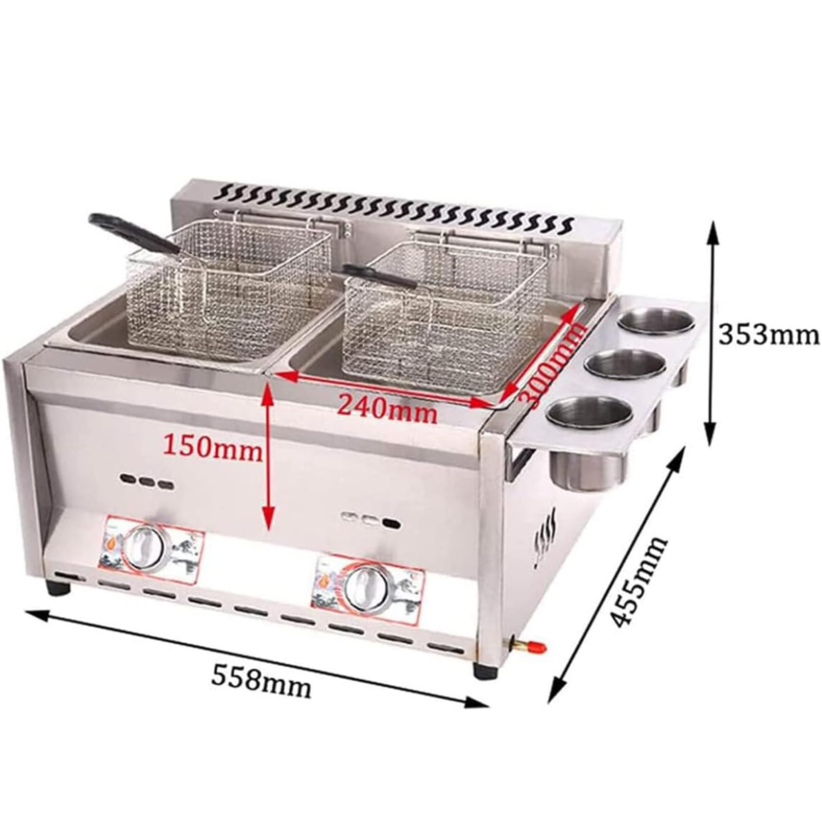 Friggitrice a gas di grande capacità, in acciaio inox, con potenza di fuoco regolabile, per uso domestico e commerciale, cestelli e coperchi inclusi, perfetto per patatine fritte ciambelle pesce