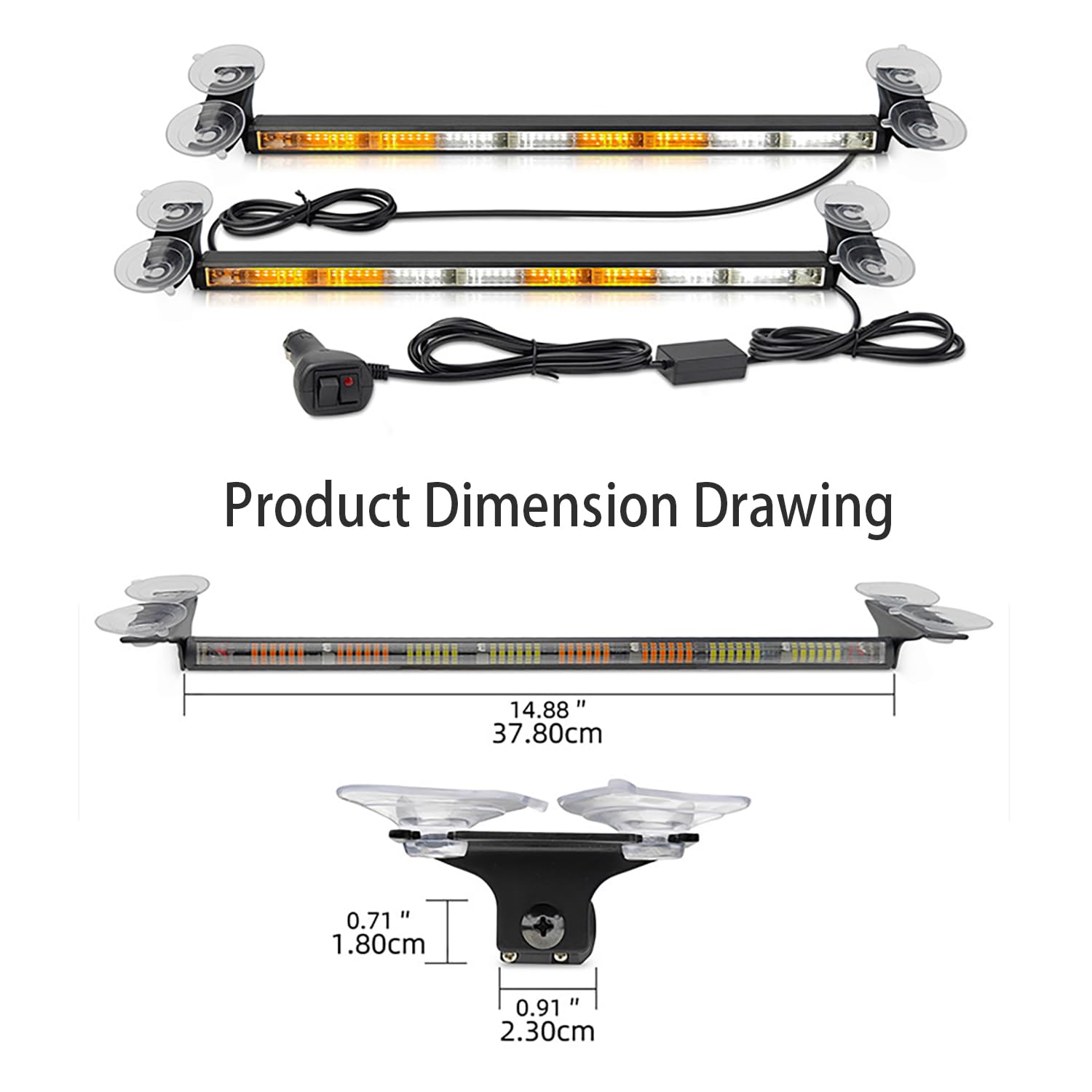 Luci a ventosa per auto,2 PCS Striscia luminosa stroboscopica,Striscia,stroboscopica IP67,23 modalità flash,Cavo di alimentazione da 4,5 m,Bianco e giallo,Per auto, camion, trattori, ecc.