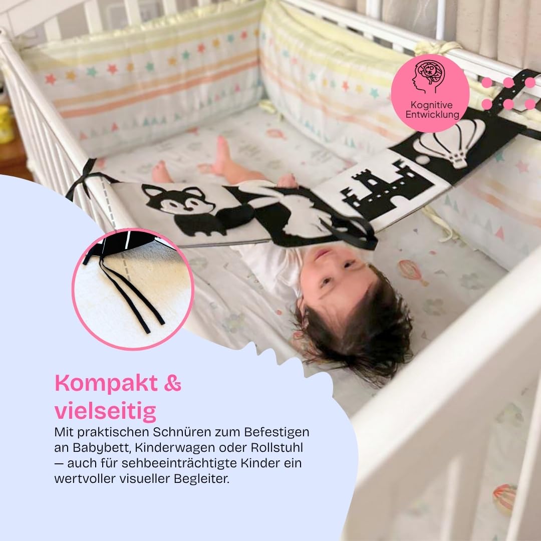Jolly Designs Black & White Jumbo – Kontrastbuch ab Geburt, Schwarz-Weiß-Buch für Babys, 10 Seiten mit starken Kontrasten & Farbakzenten, Stoffbuch für visuelle Wahrnehmung, 20 × 20 cm