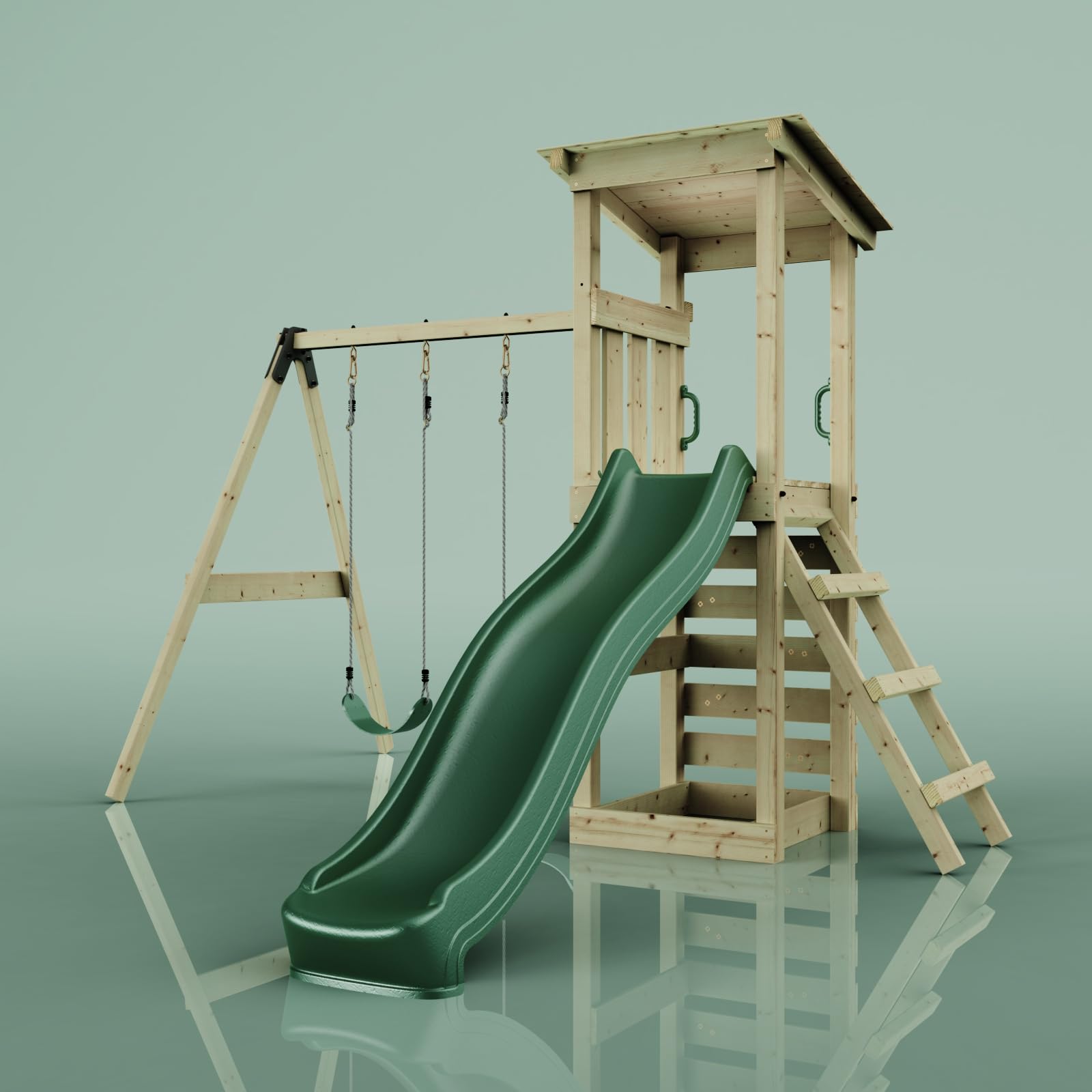 OutdoorToys Holz Spielturm Neapel – Dunkelgrün, inklusive Kinderschaukel & Rutsche
