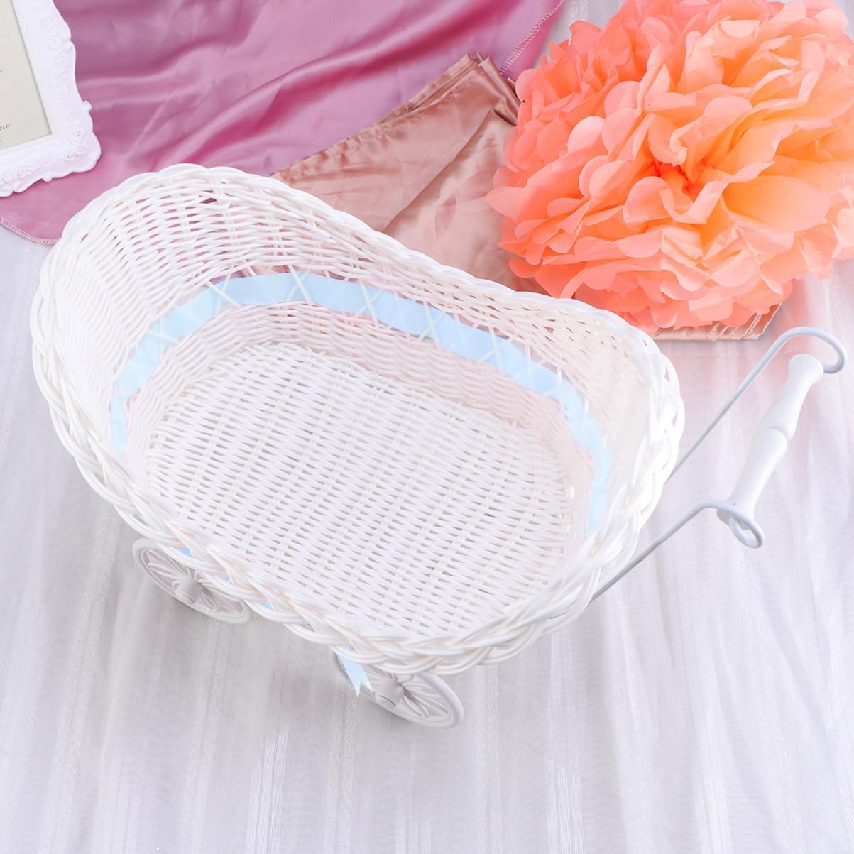 Cabilock 1pc Blue Rattan Stroller Flower Basket Mini Tricycle Decor for Weddings Showers and Birthdays Charming Knitted Ornament for Home and Party Display