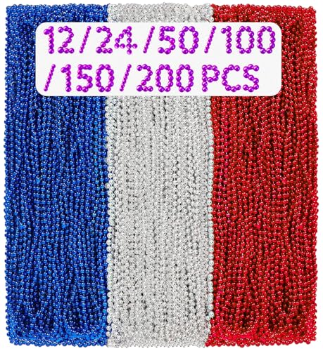 GONOSEED 12/24/50/100/150/200 PCS 4th of July Beads Necklaces Bulk Accessories Fourth of July Necklaces Red White Blue Beads Patriotic Necklace USA Bead Party Favors Decorations