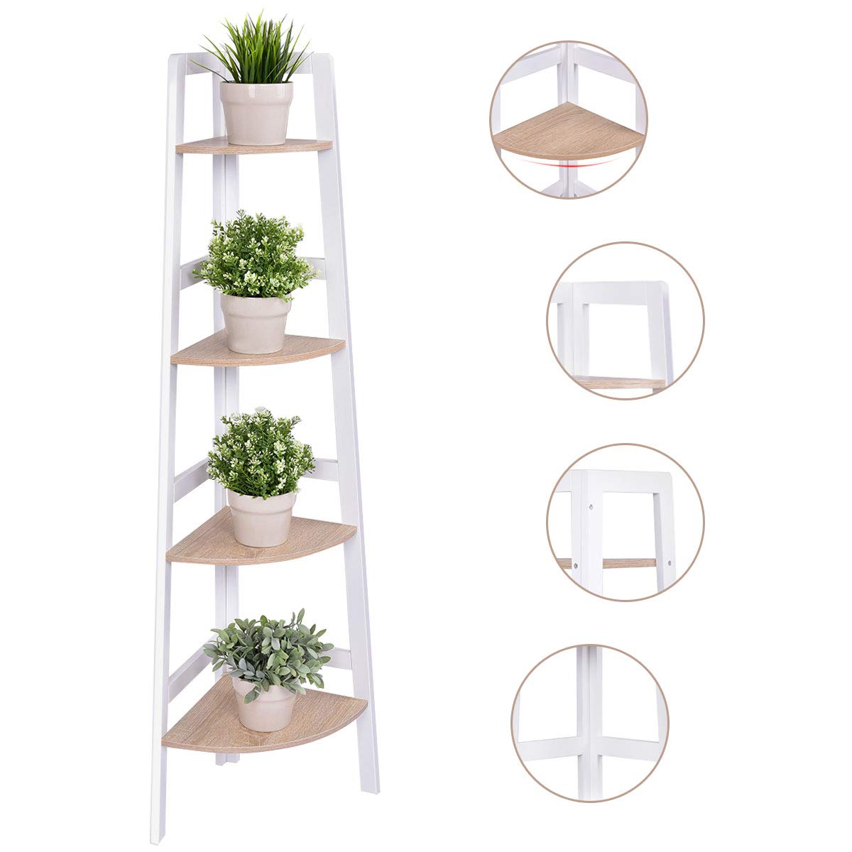 GIANTEX Scaffale Angolare, Supporto per Oggetti a 4 Livelli in Legno con Protezione Anticaduta, per Soggiorno/Bagno/Studio, Bianco
