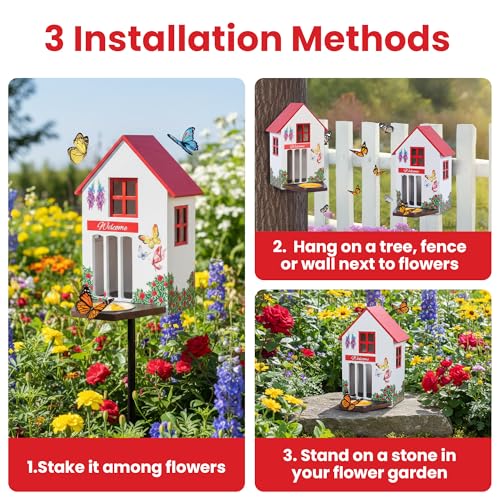Image of Butterfly House and Feeder for Outside - Wooden Butterfly Shelter with Metal Stake for Garden - 3 Mount Options - Weatherproof - Easy Cleaning - Butterfly Habitat & Garden Decor