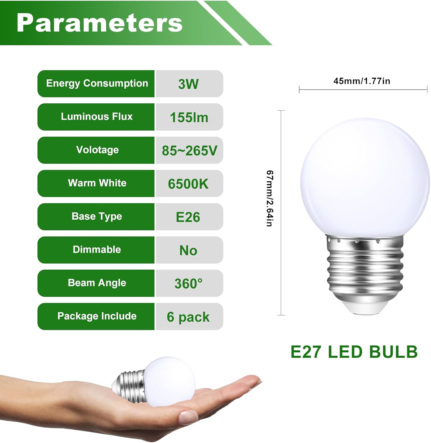 LED Night Light Bulb,3W E26 LED Light Bulbs,Low Wattage Small Light Bulbs,6500K Daylight White,Energy Saving Light Bulb,15 Watt Equivalent,for Bathroom Vanity Porch String Light Bulbs,6 Pack