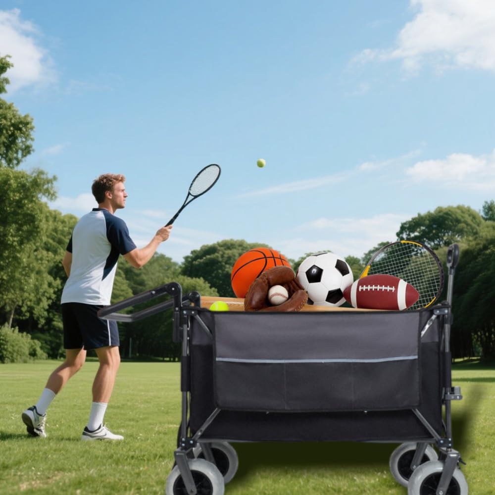 Heavy-Duty Folding Wagon Cart with All-Terrain Balloon Wheels, Ergonomic Adjustable Handle, and Large 300L Capacity for Outdoor Transport (Black+ Gray + Steel-1)