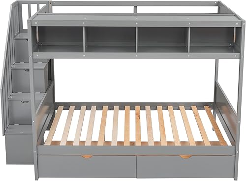Miniatura 7 de Harper  Bright Designs Litera individual sobre matrimonial con escalera de almacenamiento y 2 cajones marco de madera con 4 estantes de