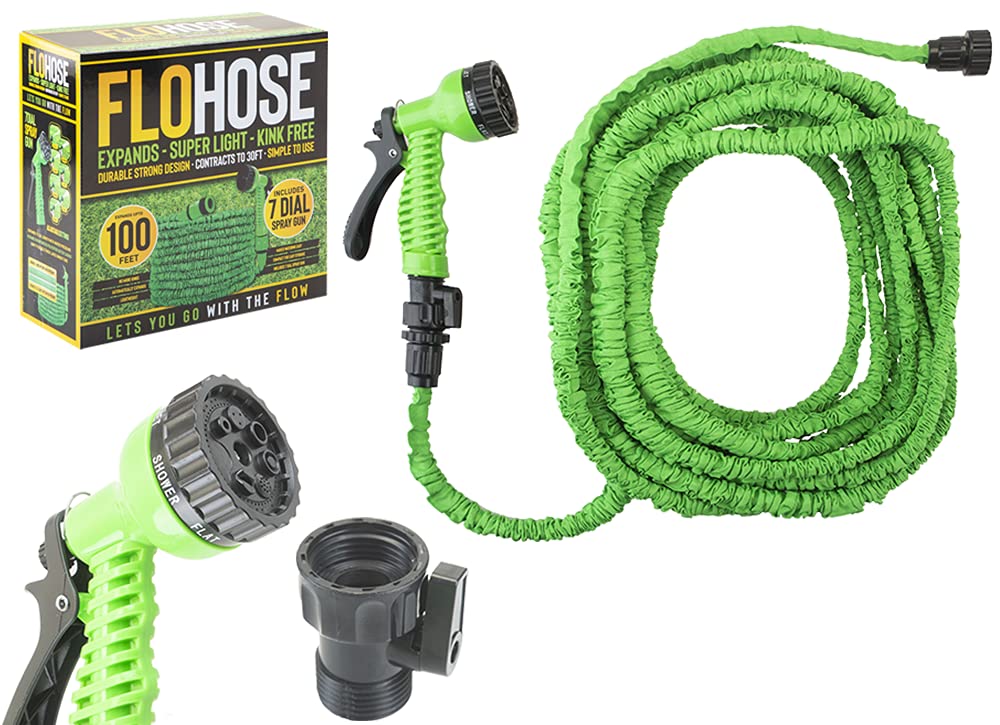 PMS Garden Hose FloHose - Length 30m/100ft Expandable Hose with Multiple Spray Settings. Garden Hose Spray Gun. High Pressure Hose Attachment. Garden Tools. Car Washing Kit
