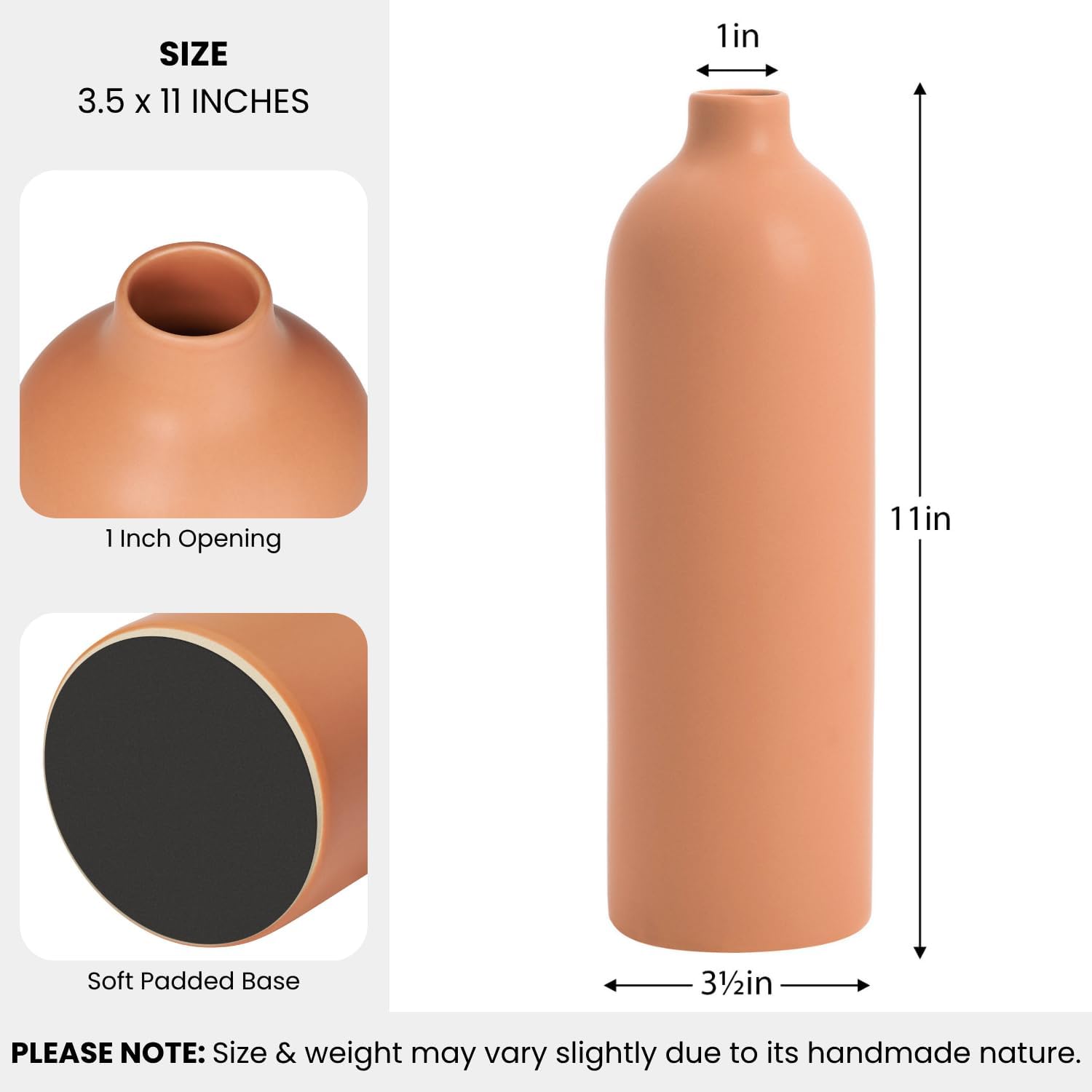 Torre & Tagus Komi 11" Tall Terracotta Ceramic Vase for Flowers, Narrow Bottle Vase Design for Pampas Grass, Single Stem, Shelf and Table Decor