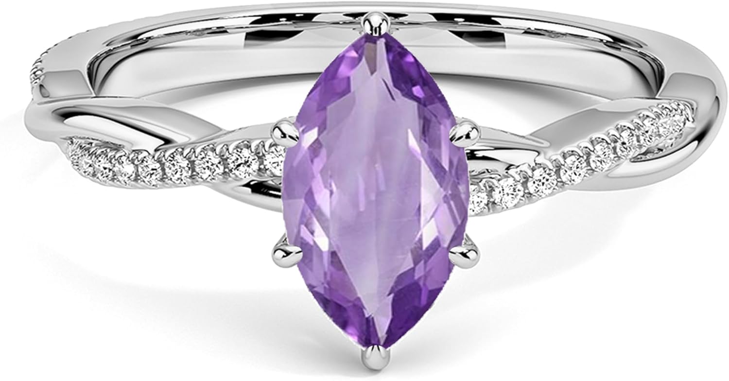 1.00 Carat Marquise Cut Amethyst & Diamond Twisted Solitaire With Accent Engagement Ring For Women, 14K Gold Plated 925 Silver February Birthstone Amethyst Swirl Bypass Bridal Side Stone Ring
