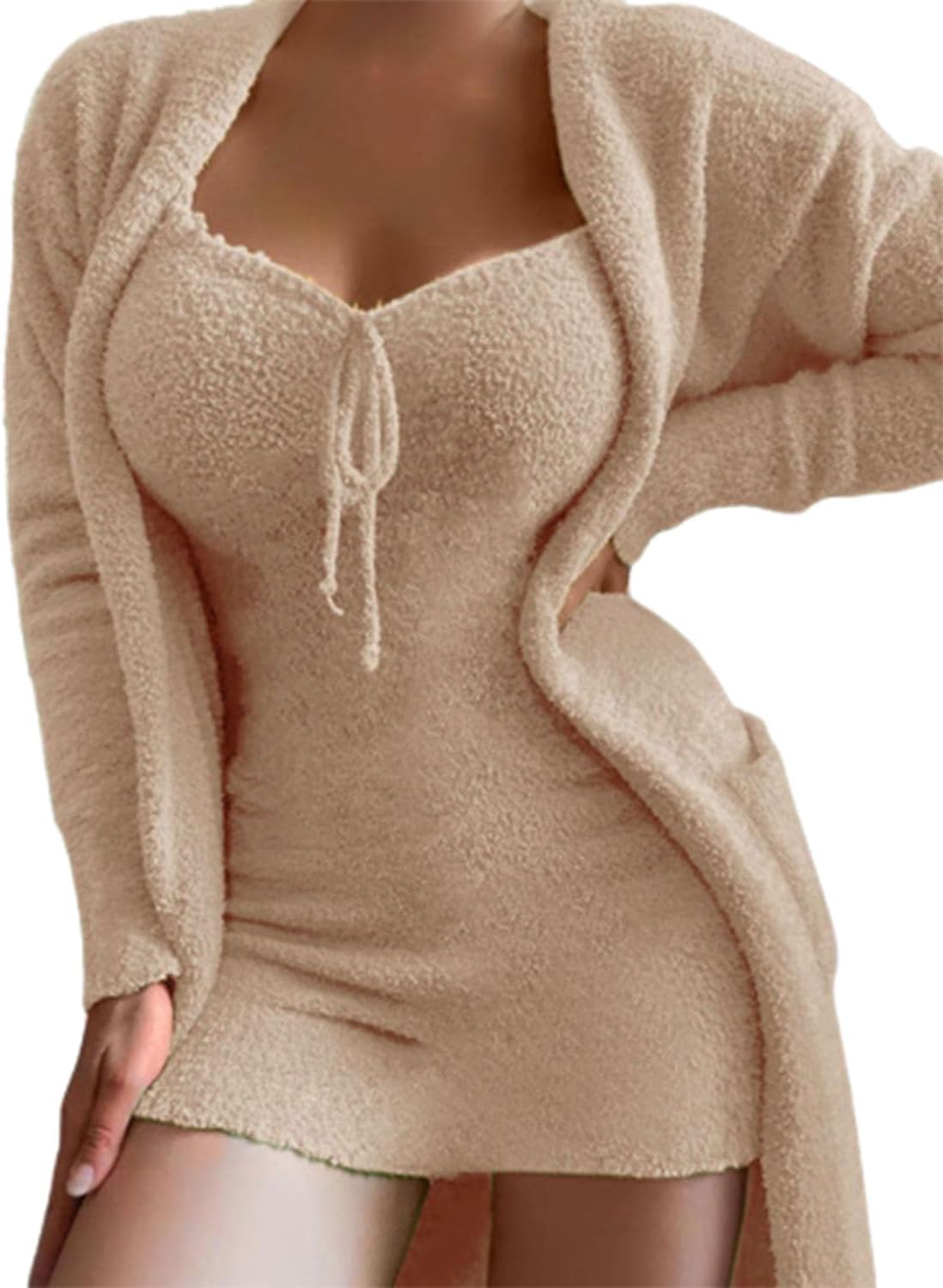 BednL2 Pieces Women Ladies Fuzzy Casual Dream Dress Set, Womens Solid Crop Plush Cardigan Pajamas Set,Lounge Sets