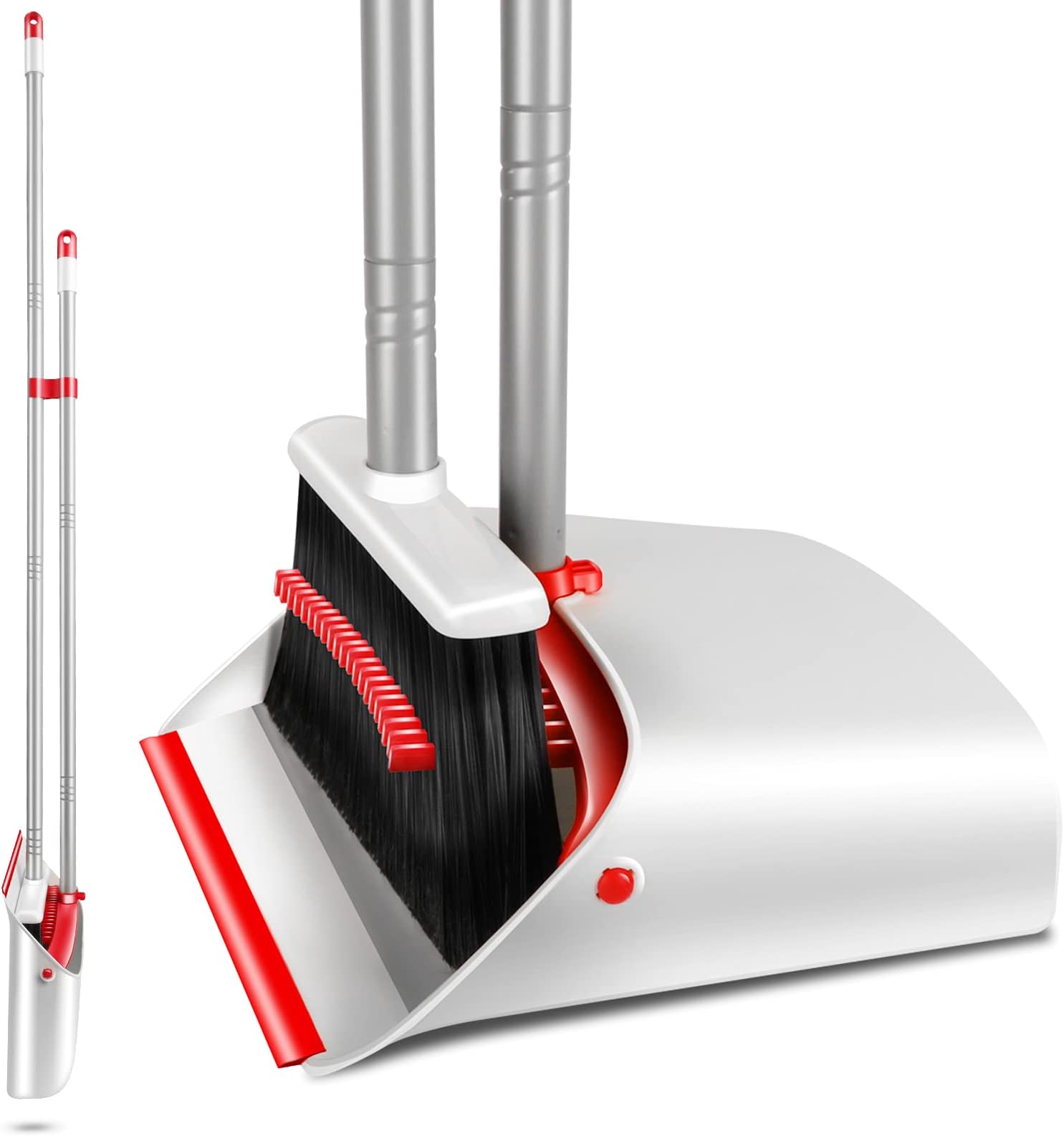 MASTERTOP Dustpan and Brush Sets Long Handled, Tall Indoor Broom and Dustpan Set with Cleaning Teeth, Sweeping Brush Broom Set for Indoor Outdoor Home Garden Kitchen Office Room - White & Red