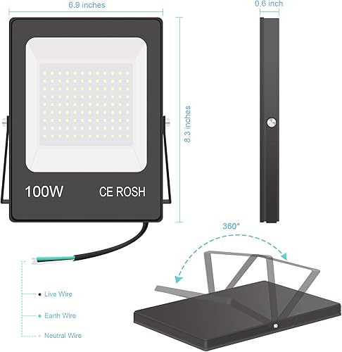 Vista 3 de Luces de inundación LED de 100 W, 10000 lm, luces de trabajo superbrillantes, IP66, impermeables, exteriores, 5000 K, luz diurna, luz blanca, luces